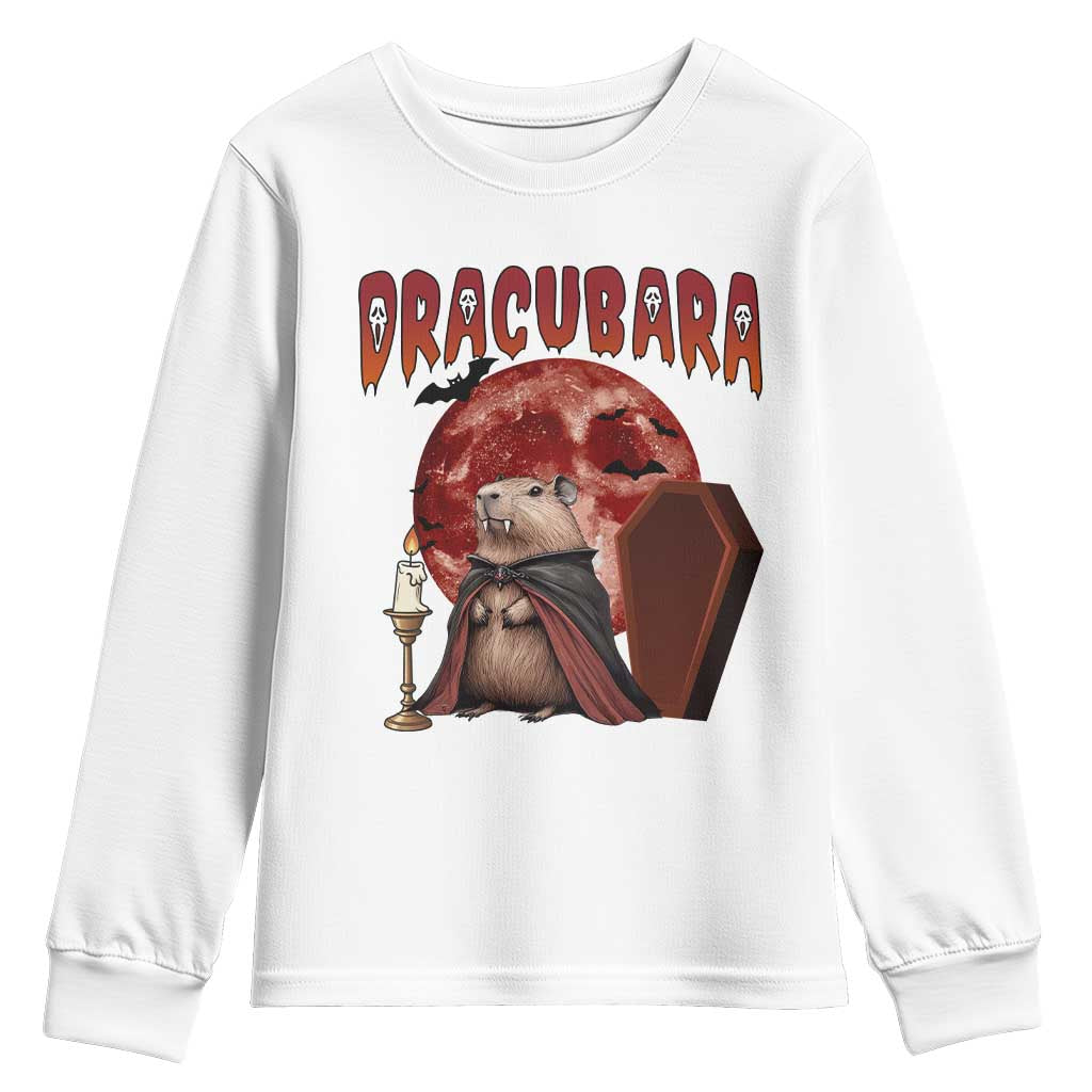 Halloween Capybara Youth Sweatshirt Funny Dracubara In Dracula Outfit TS12 White Print Your Wear