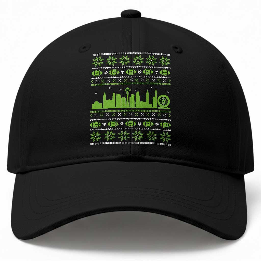 Seattle Skyline Game Day Baseball Cap Ugly Christmas Football Fan Gift