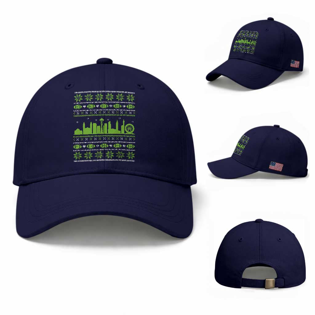 Seattle Skyline Game Day Baseball Cap Ugly Christmas Football Fan Gift