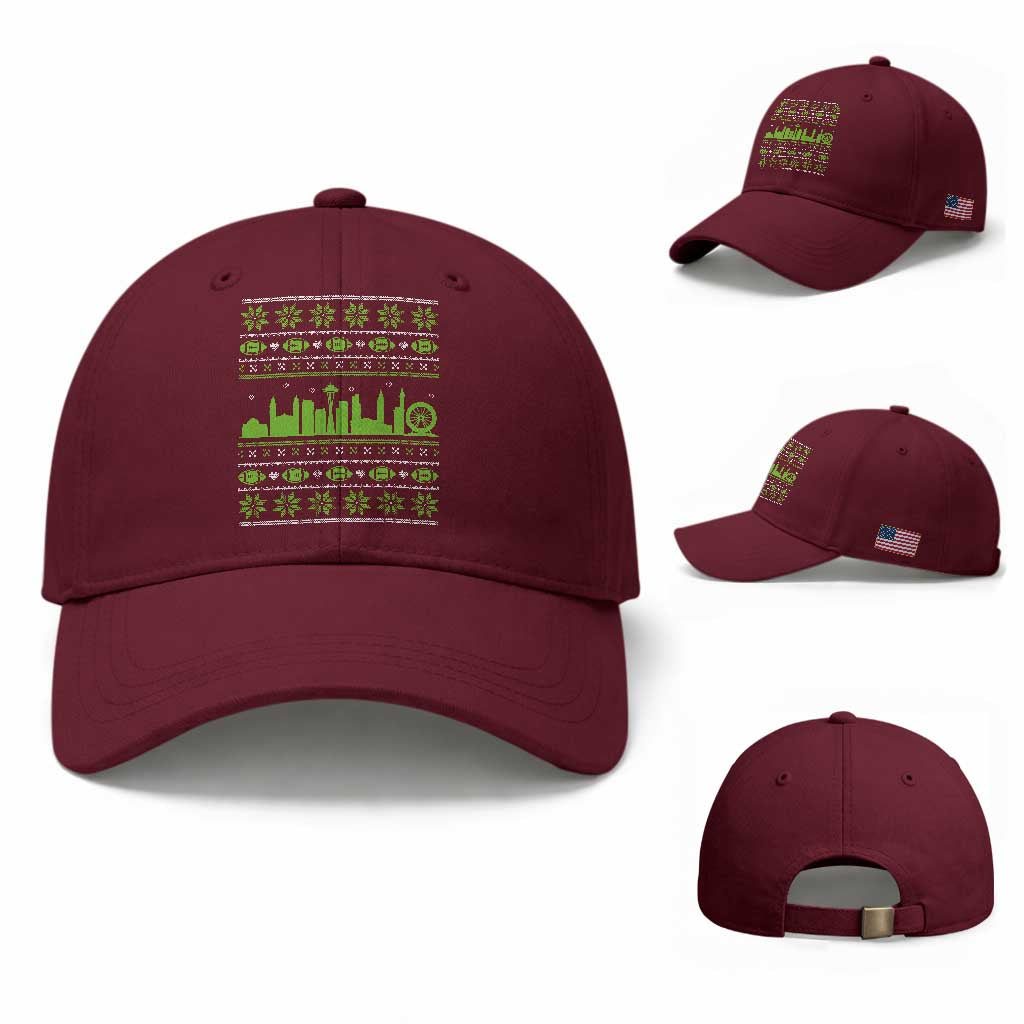 Seattle Skyline Game Day Baseball Cap Ugly Christmas Football Fan Gift