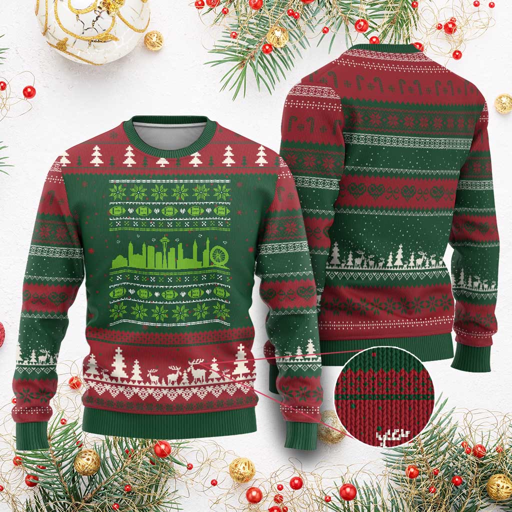 Seattle Skyline Game Day Ugly Christmas Sweater Ugly Christmas Football Fan Gift TS12 Red Green Print Your Wear