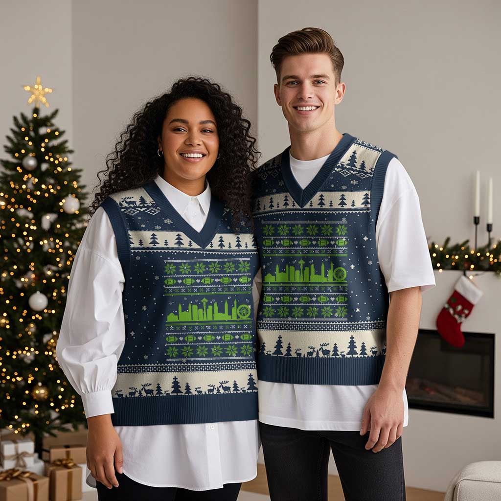 Seattle Skyline Game Day V-Neck Knit Sweater Vest Ugly Christmas Football Fan Gift TS12 Navy Beige Print Your Wear
