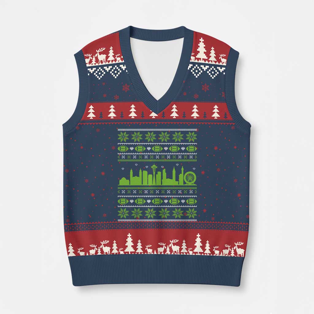 Seattle Skyline Game Day V-Neck Knit Sweater Vest Ugly Christmas Football Fan Gift TS12 Navy Red Print Your Wear