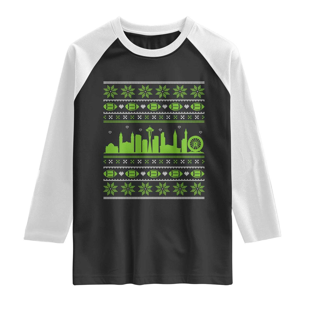 Seattle Skyline Game Day Raglan Shirt Ugly Christmas Football Fan Gift TS12 Black White Print Your Wear