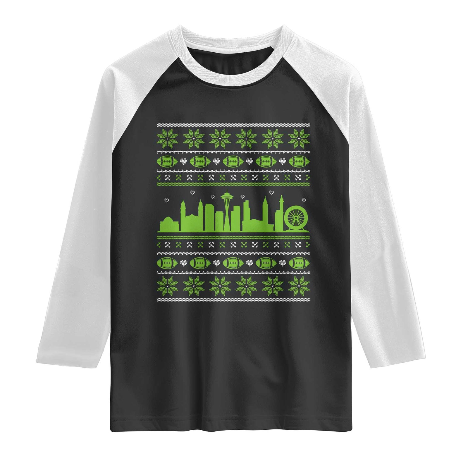 Seattle Skyline Game Day Raglan Shirt Ugly Christmas Football Fan Gift TS12 Black White Print Your Wear