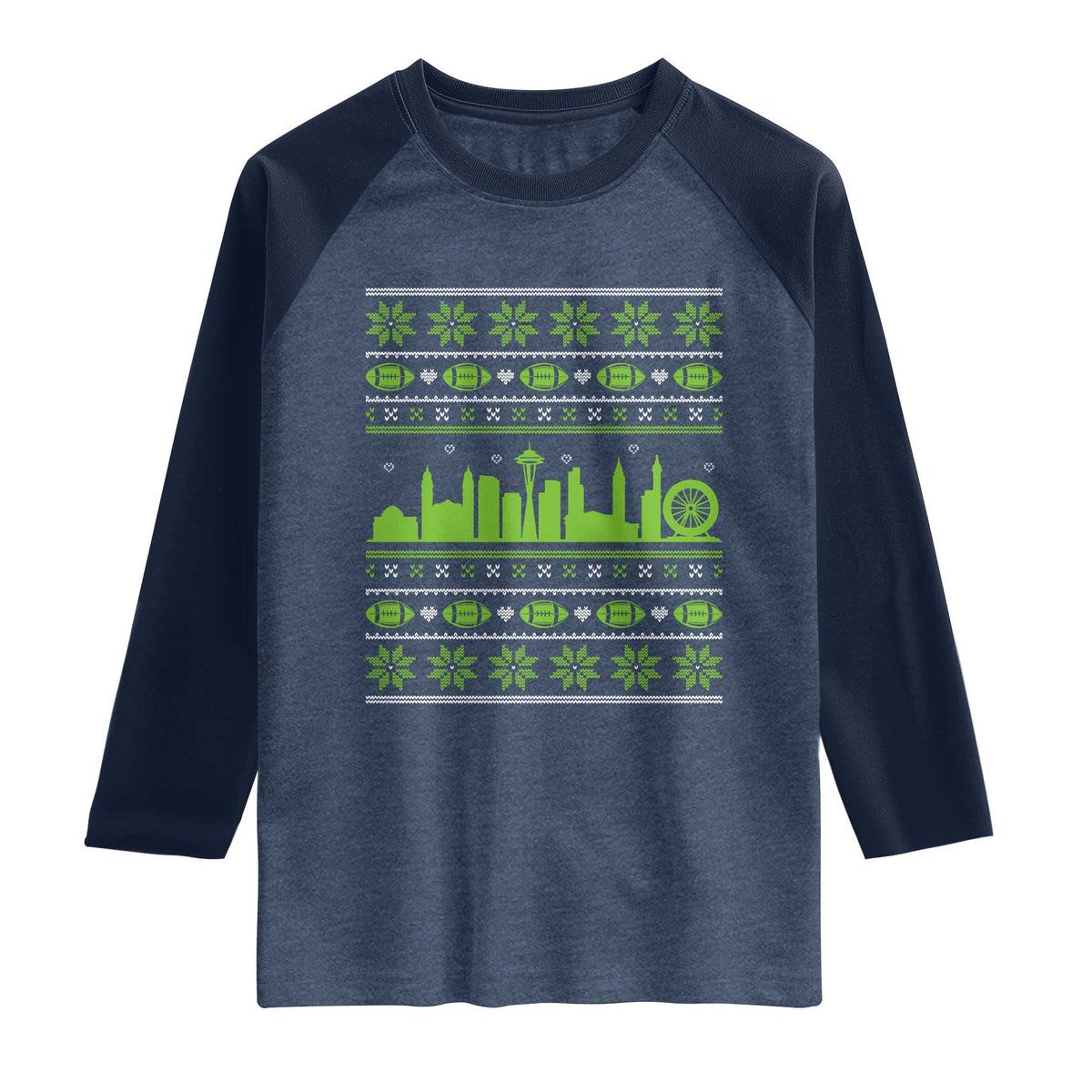 Seattle Skyline Game Day Raglan Shirt Ugly Christmas Football Fan Gift TS12 Heather Denim Navy Print Your Wear