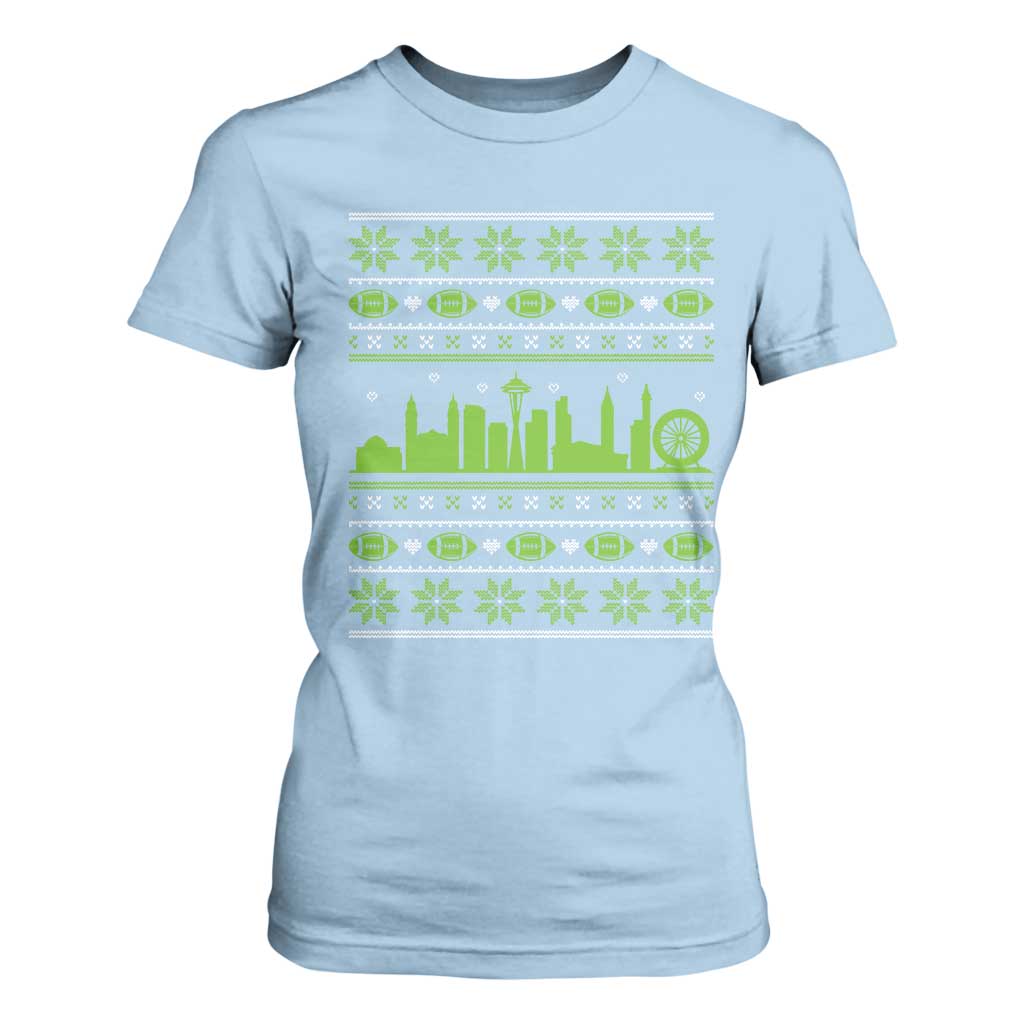 Seattle Skyline Game Day T Shirt For Women Ugly Christmas Football Fan Gift TS12 Light Blue Print Your Wear