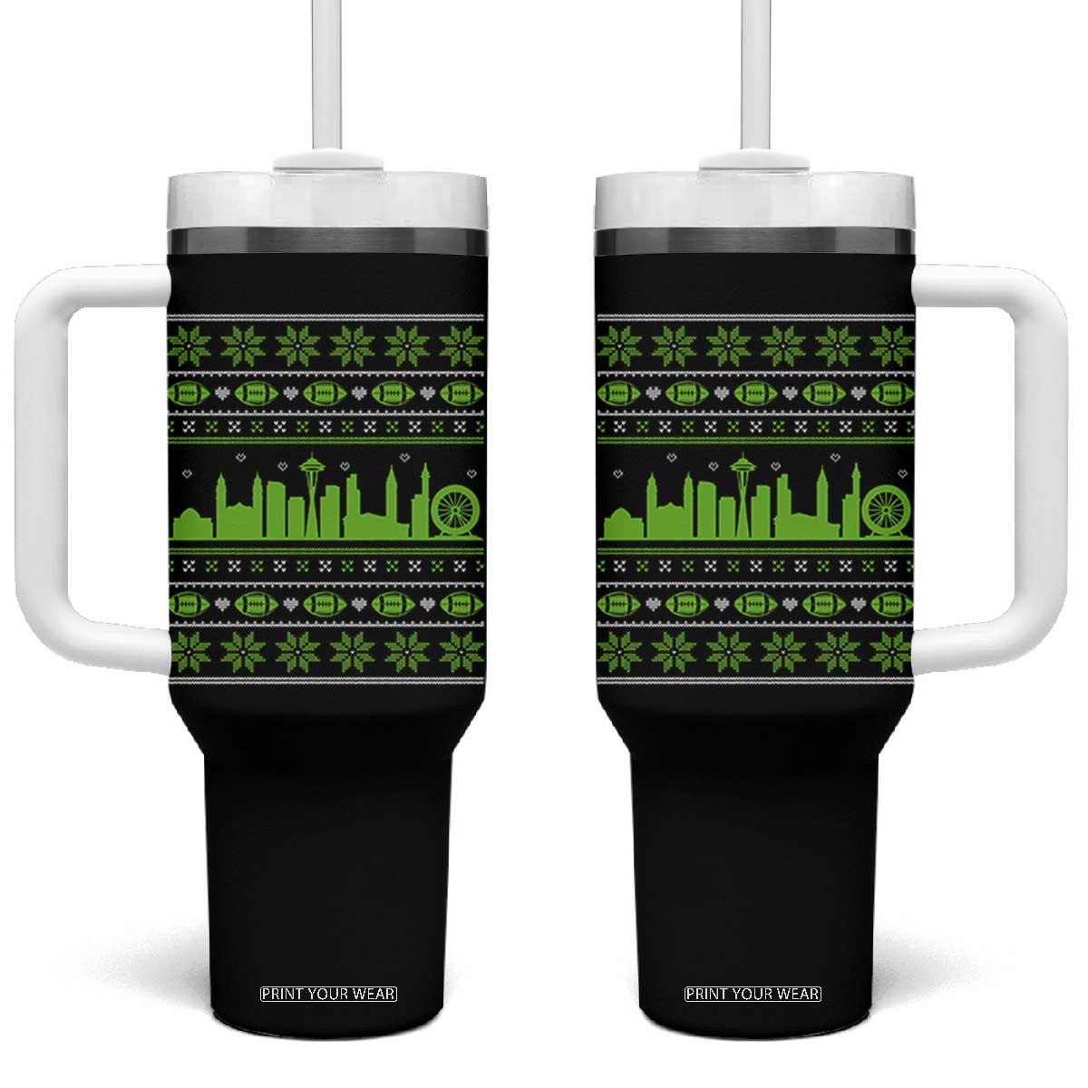 Seattle Skyline Game Day Tumbler With Handle Ugly Christmas Football Fan Gift TS12 One Size: 40 oz Black Print Your Wear