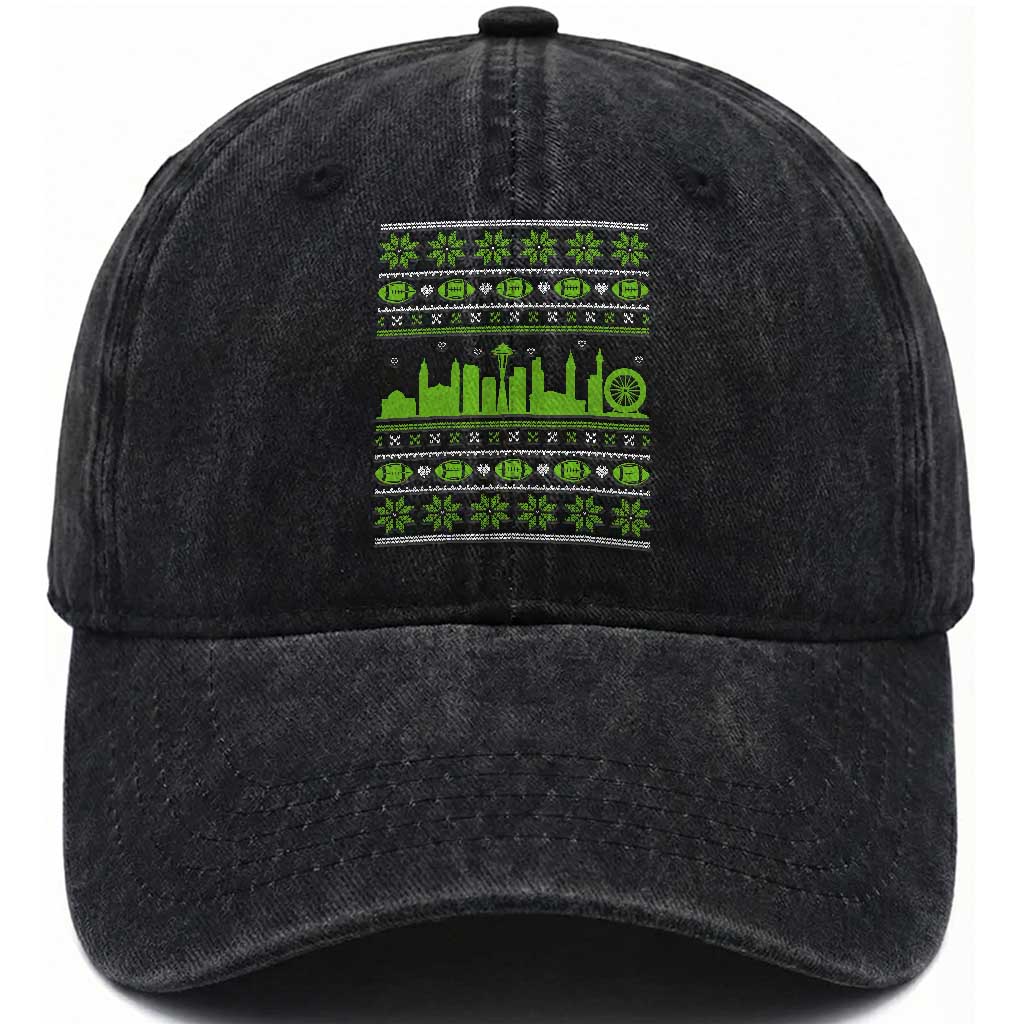 Seattle Skyline Game Day Washed Cotton Baseball Cap Ugly Christmas Football Fan Gift