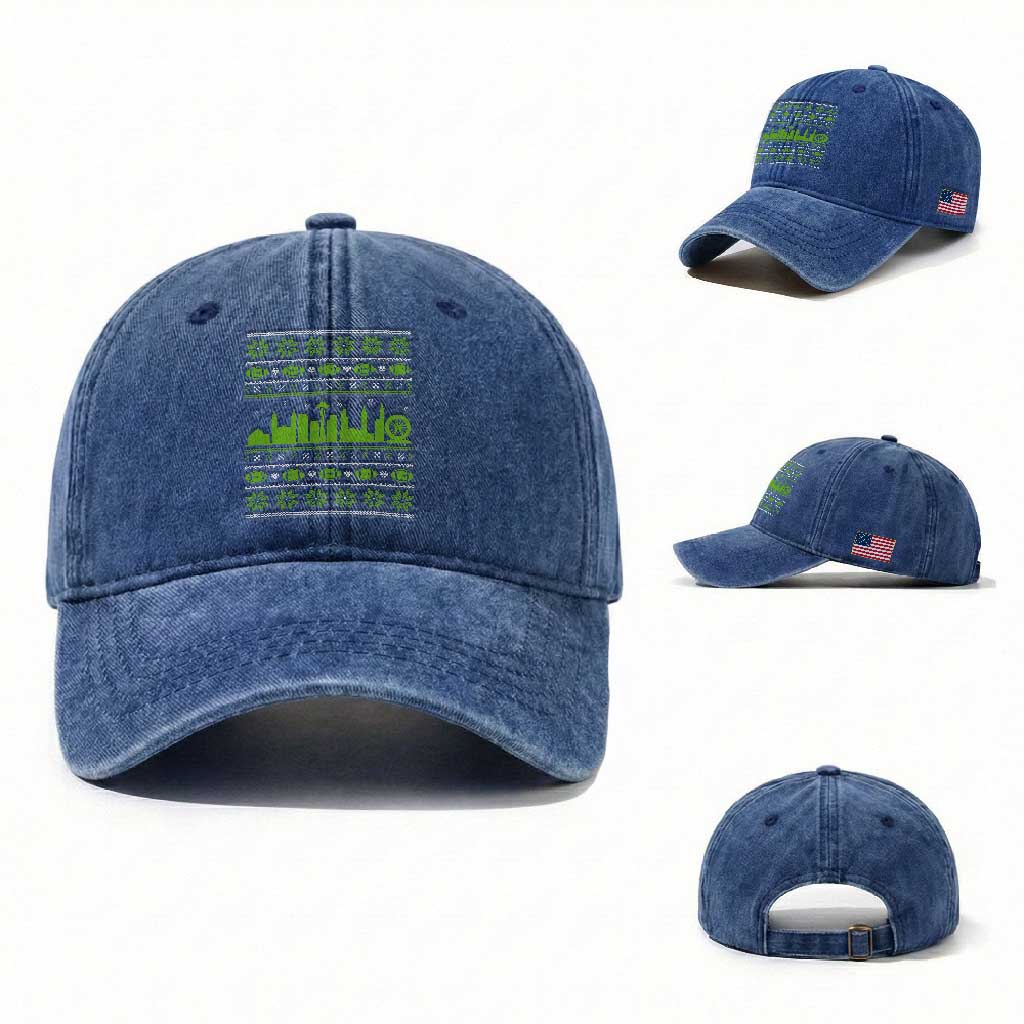Seattle Skyline Game Day Washed Cotton Baseball Cap Ugly Christmas Football Fan Gift