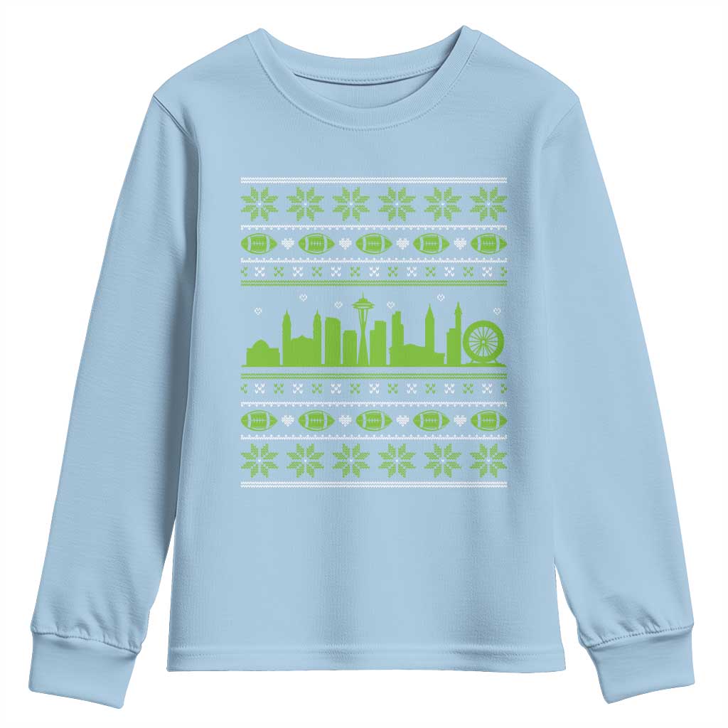Seattle Skyline Game Day Youth Sweatshirt Ugly Christmas Football Fan Gift TS12 Light Blue Print Your Wear