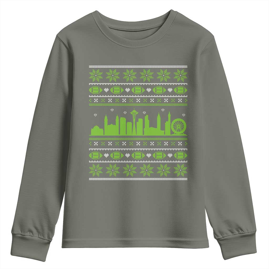 Seattle Skyline Game Day Youth Sweatshirt Ugly Christmas Football Fan Gift TS12 Military Green Print Your Wear