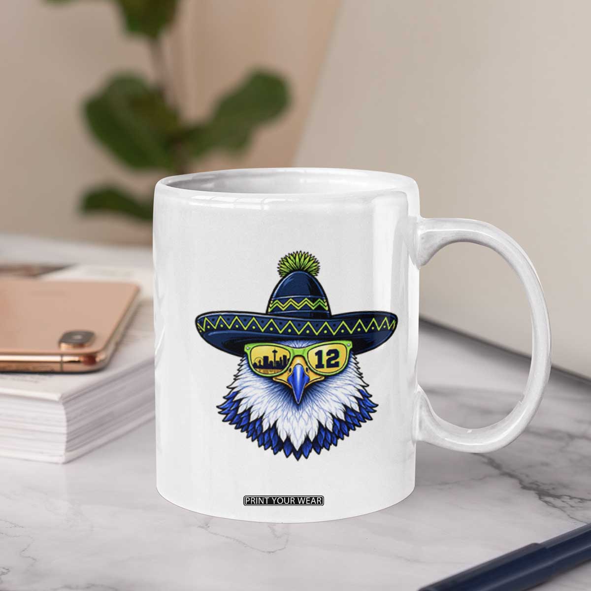 Sombrero Eagle With Neon Skyline Sunglasses Coffee Mug Emerald City Pride