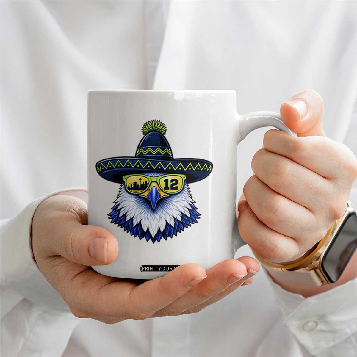 Sombrero Eagle With Neon Skyline Sunglasses Coffee Mug Emerald City Pride