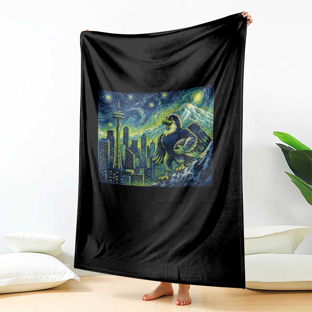 Starry Night Seattle Skyline Eagle Throw Blanket Vintage Football Fan Pacific Northwest Pride