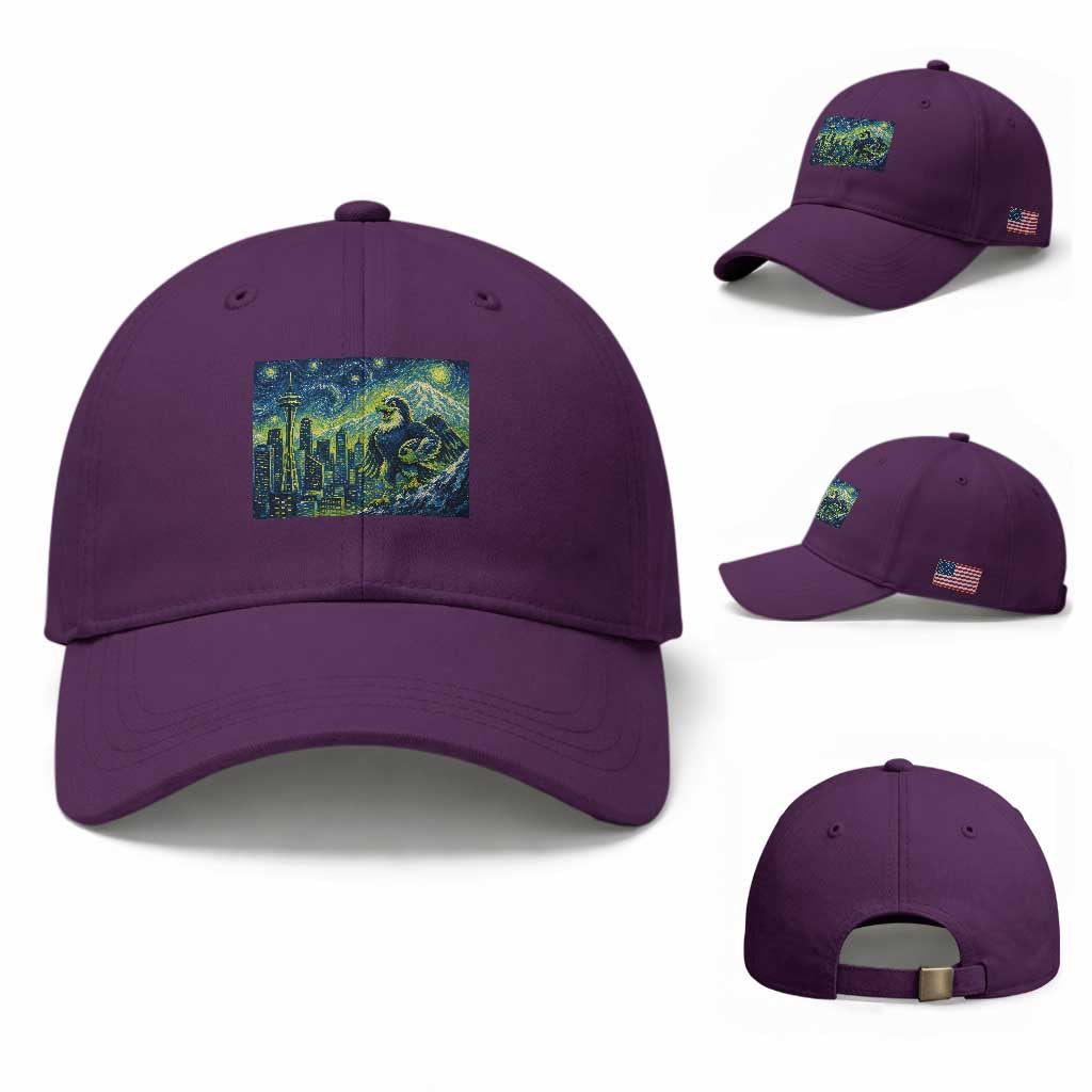 Starry Night Seattle Skyline Eagle Baseball Cap Vintage Football Fan Pacific Northwest Pride