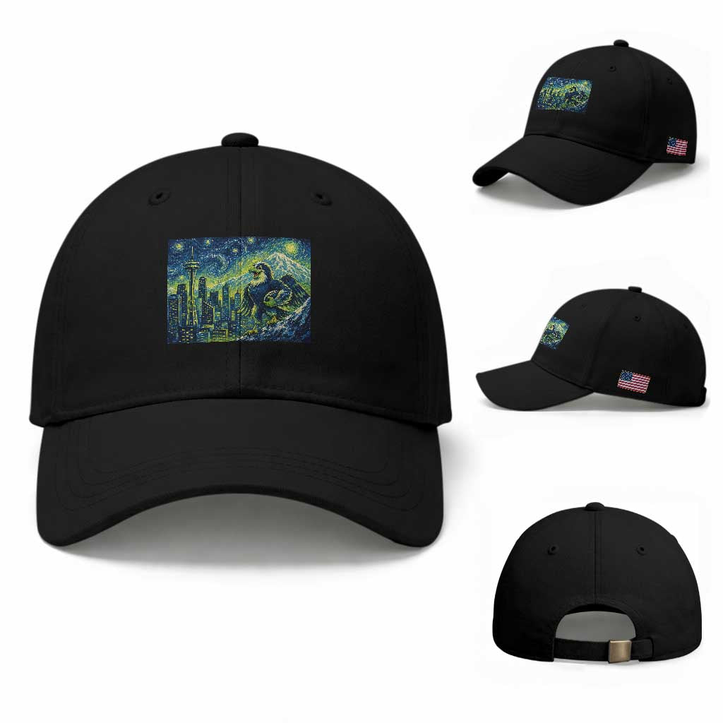 Starry Night Seattle Skyline Eagle Baseball Cap Vintage Football Fan Pacific Northwest Pride