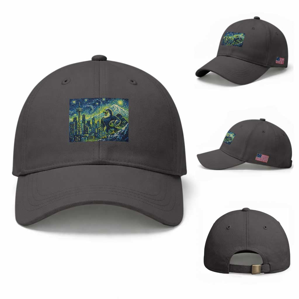 Starry Night Seattle Skyline Eagle Baseball Cap Vintage Football Fan Pacific Northwest Pride
