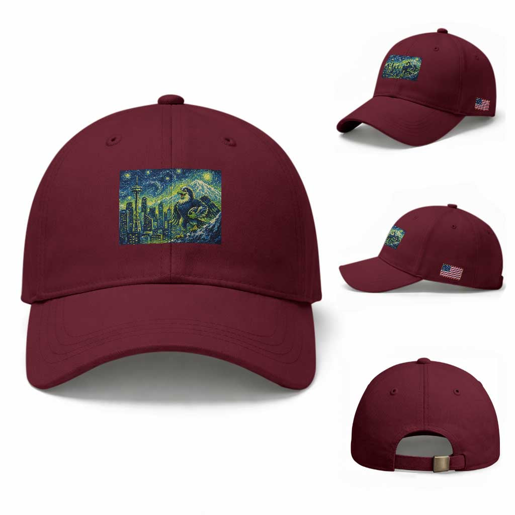 Starry Night Seattle Skyline Eagle Baseball Cap Vintage Football Fan Pacific Northwest Pride