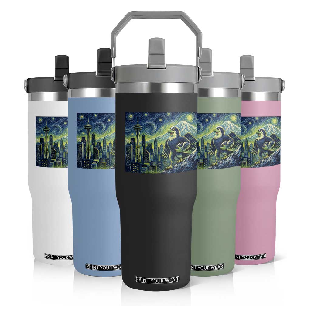 Starry Night Seattle Skyline Eagle Flip Straw Tumbler Vintage Football Fan Pacific Northwest Pride