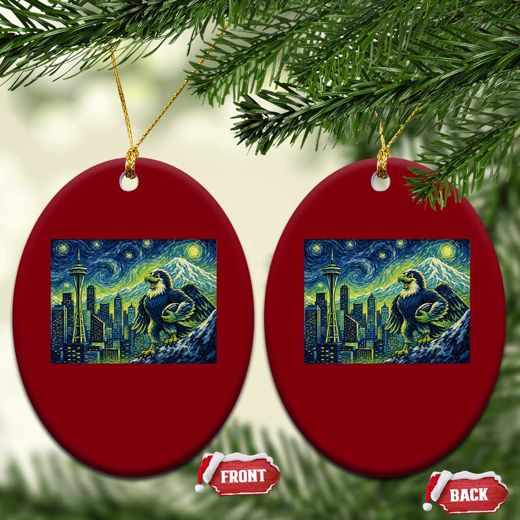 Starry Night Seattle Skyline Eagle Ceramic Ornament Vintage Football Fan Pacific Northwest Pride