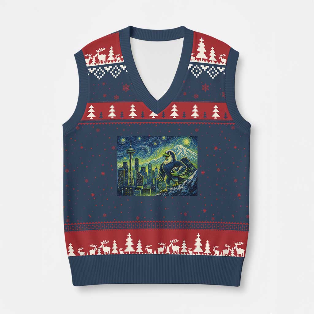 Starry Night Seattle Skyline Eagle V-Neck Knit Sweater Vest Vintage Football Fan Pacific Northwest Pride TS12 Navy Red Print Your Wear