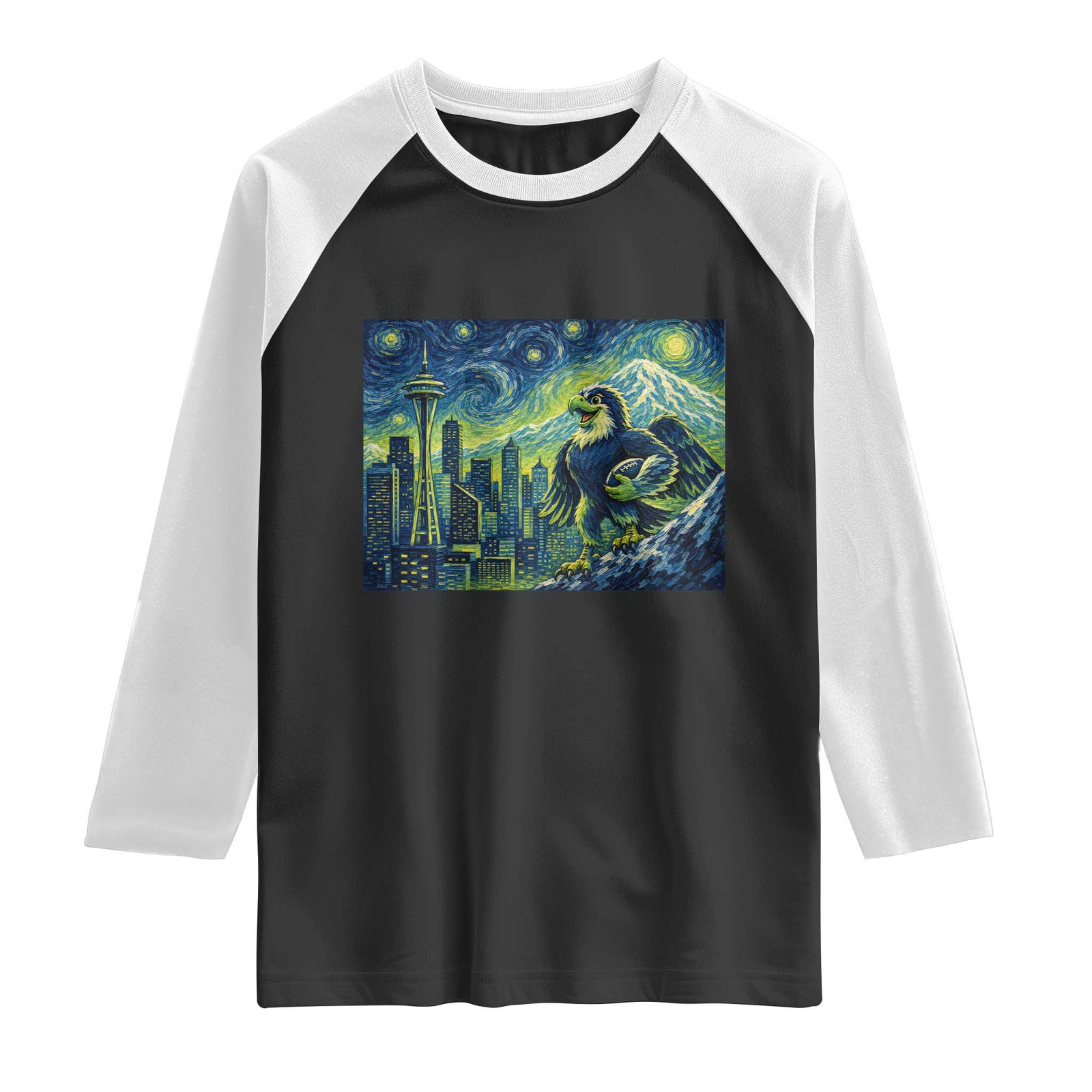 Starry Night Seattle Skyline Eagle Raglan Shirt Vintage Football Fan Pacific Northwest Pride TS12 Black White Print Your Wear
