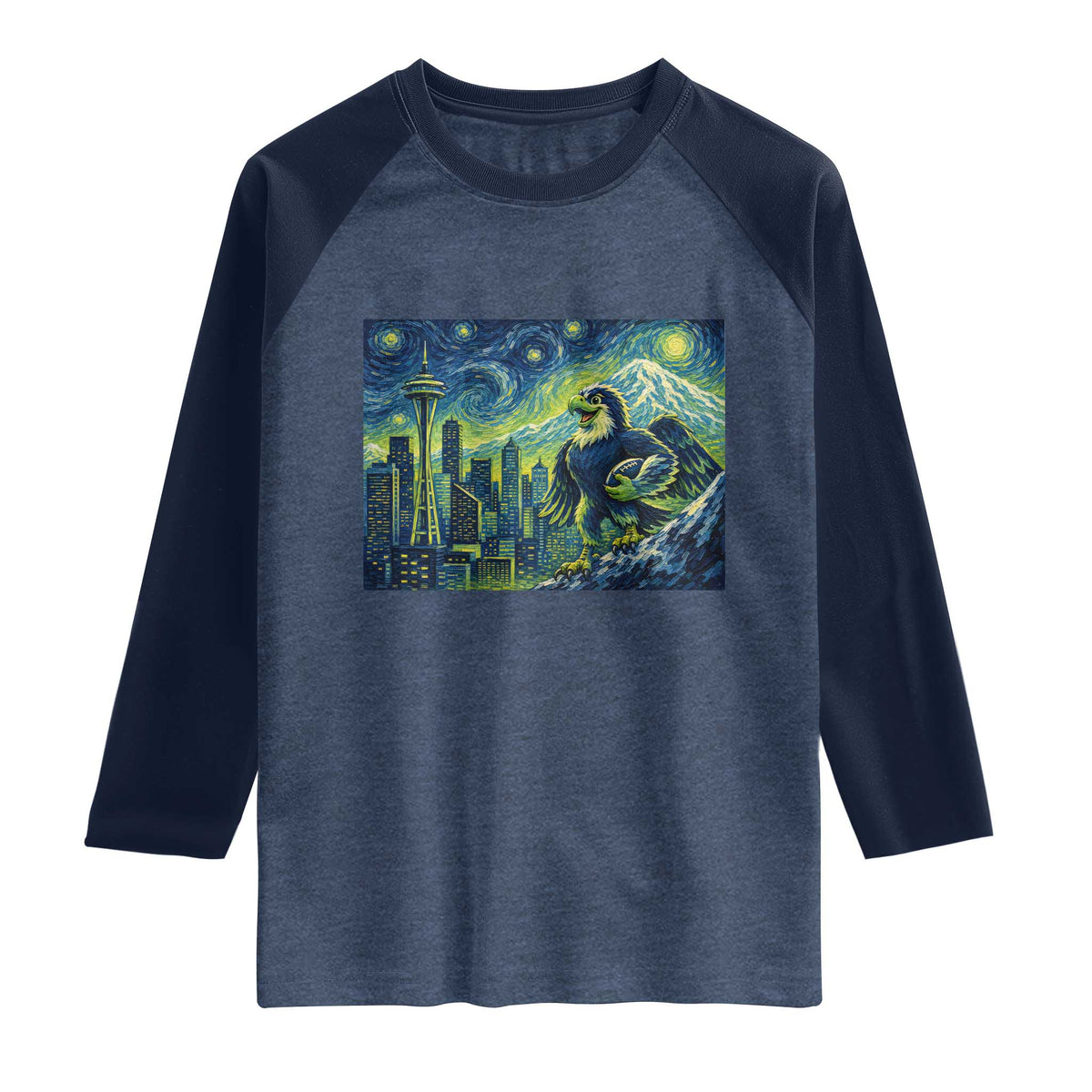 Starry Night Seattle Skyline Eagle Raglan Shirt Vintage Football Fan Pacific Northwest Pride