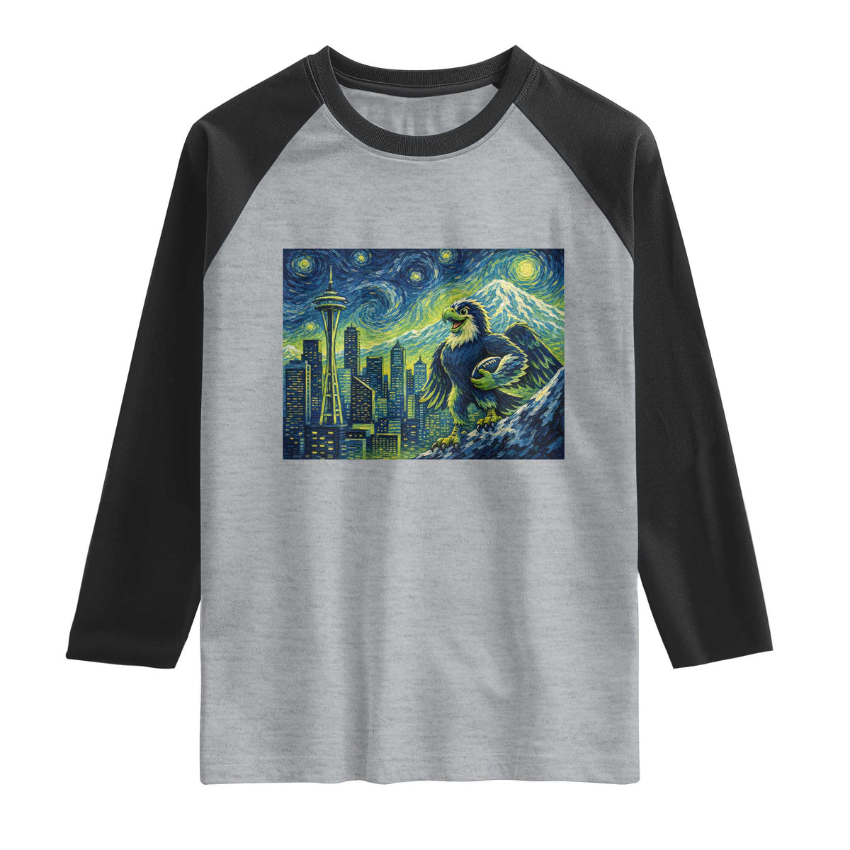 Starry Night Seattle Skyline Eagle Raglan Shirt Vintage Football Fan Pacific Northwest Pride