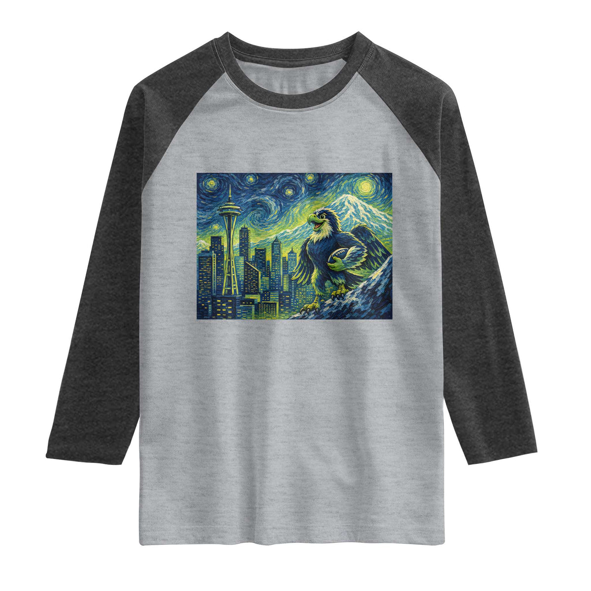 Starry Night Seattle Skyline Eagle Raglan Shirt Vintage Football Fan Pacific Northwest Pride