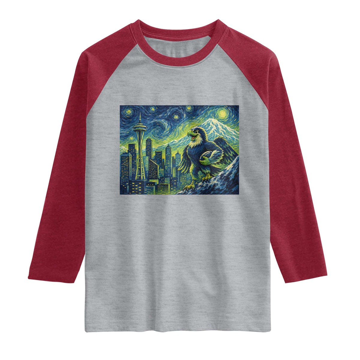 Starry Night Seattle Skyline Eagle Raglan Shirt Vintage Football Fan Pacific Northwest Pride
