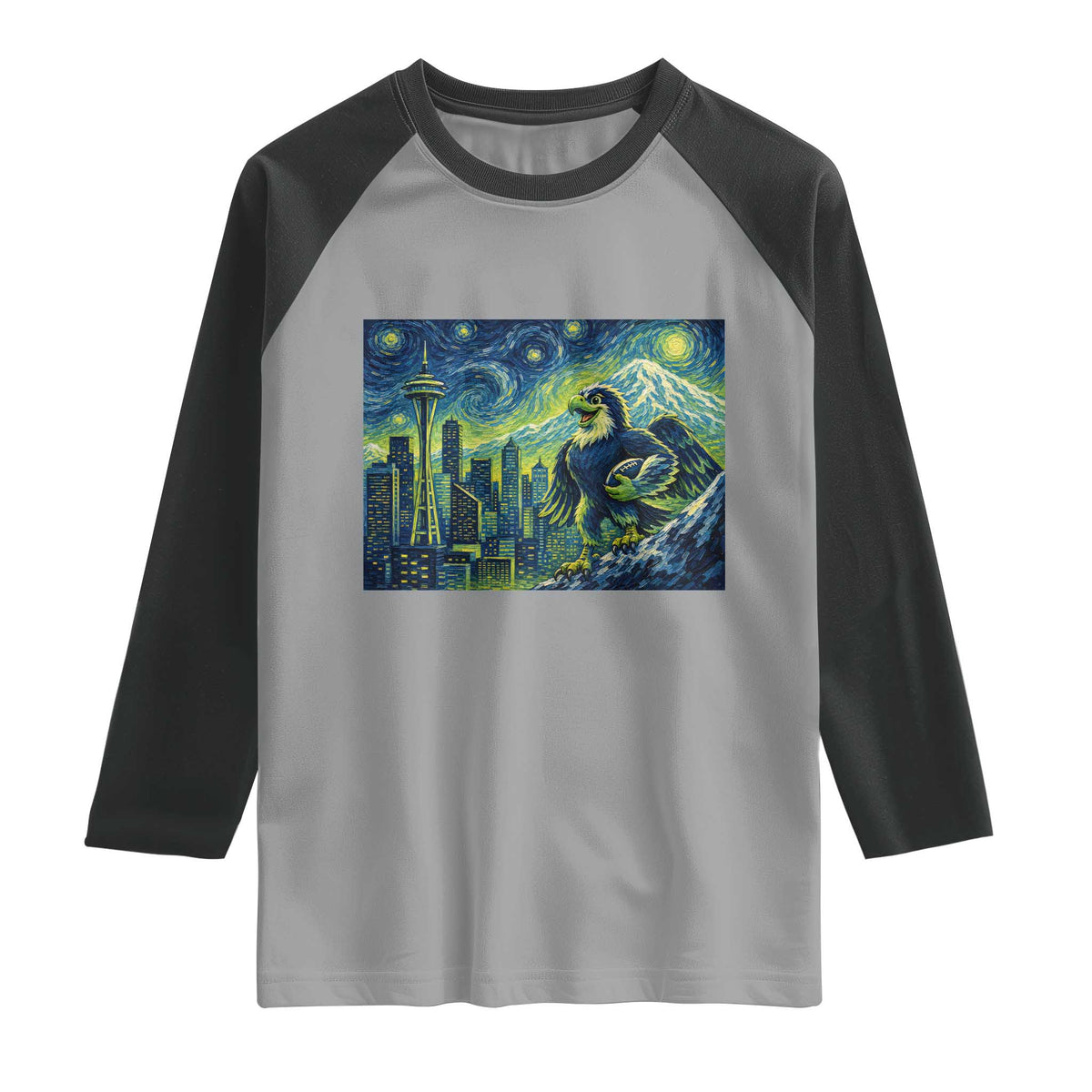Starry Night Seattle Skyline Eagle Raglan Shirt Vintage Football Fan Pacific Northwest Pride