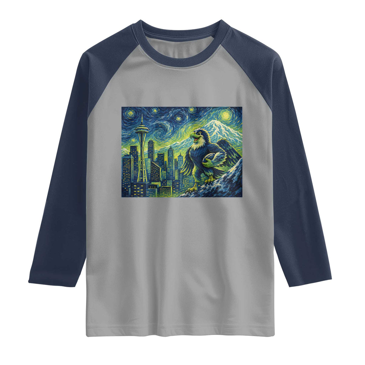 Starry Night Seattle Skyline Eagle Raglan Shirt Vintage Football Fan Pacific Northwest Pride