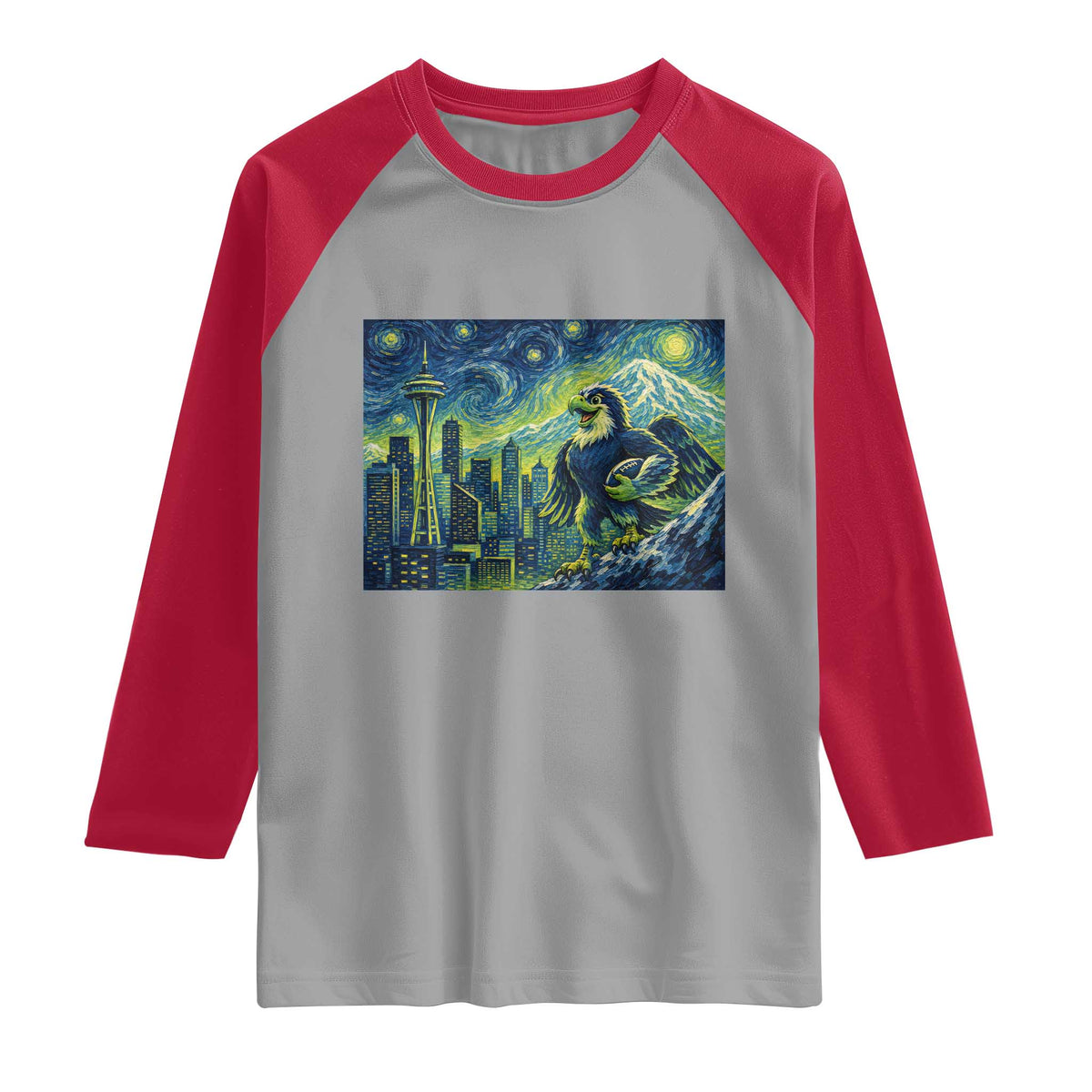 Starry Night Seattle Skyline Eagle Raglan Shirt Vintage Football Fan Pacific Northwest Pride