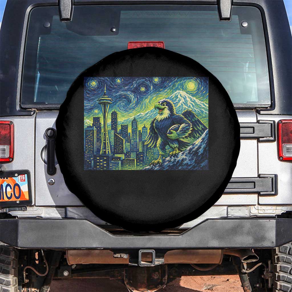 Starry Night Seattle Skyline Eagle Spare Tire Cover Vintage Football Fan Pacific Northwest Pride TS12 No hole Black Print Your Wear