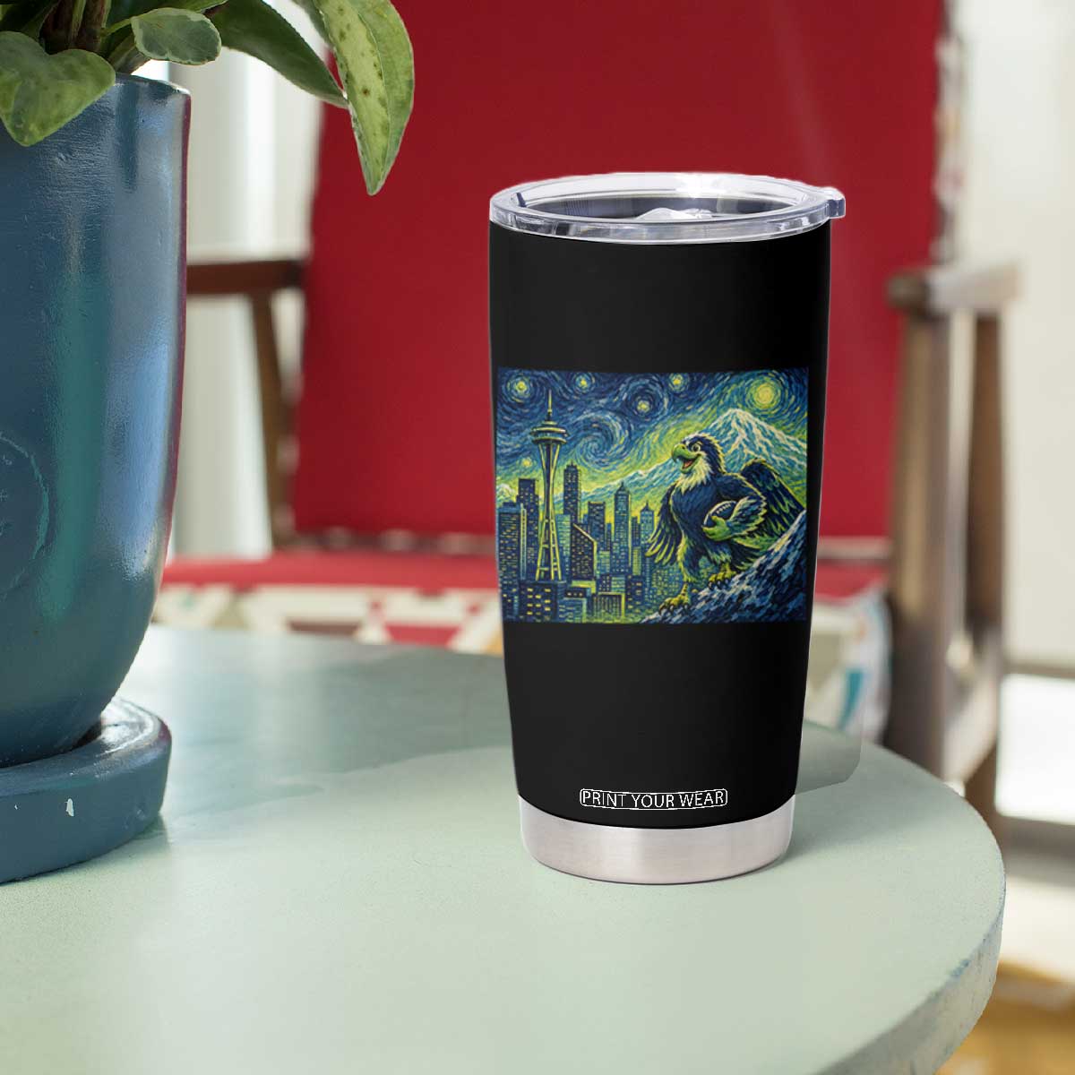 Starry Night Seattle Skyline Eagle Tumbler Cup Vintage Football Fan Pacific Northwest Pride