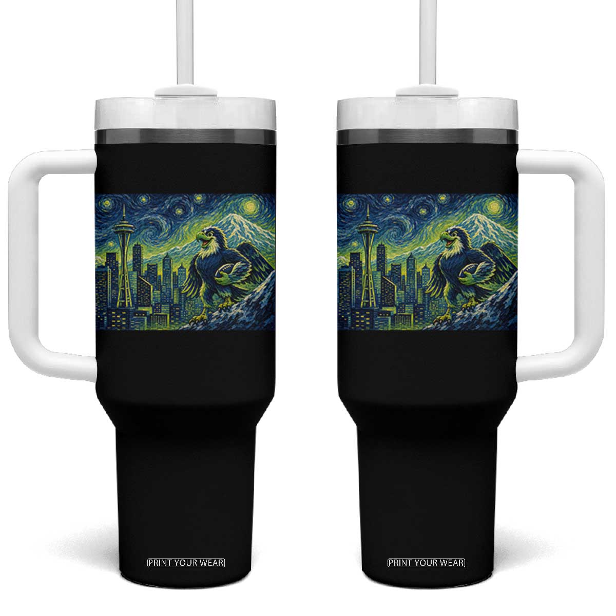 Starry Night Seattle Skyline Eagle Tumbler With Handle Vintage Football Fan Pacific Northwest Pride TS12 One Size: 40 oz Black Print Your Wear