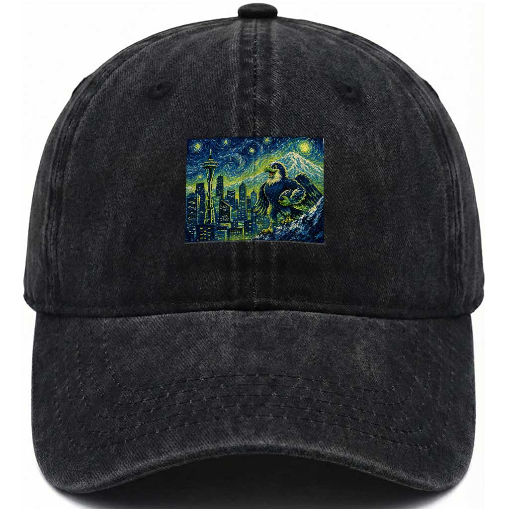 Starry Night Seattle Skyline Eagle Washed Cotton Baseball Cap Vintage Football Fan Pacific Northwest Pride TS12 Print Your Wear