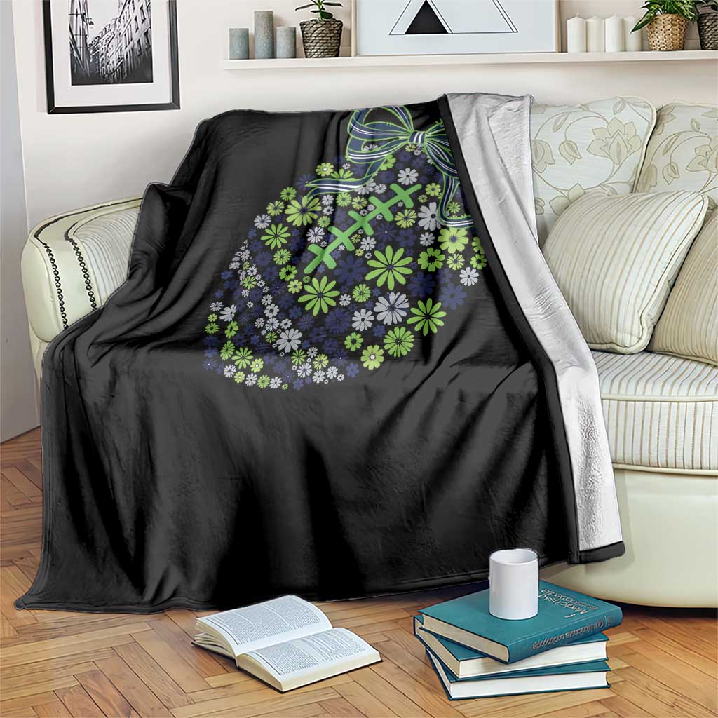 Floral Football With Bow Green And Blue Throw Blanket Game Day Sports Fan