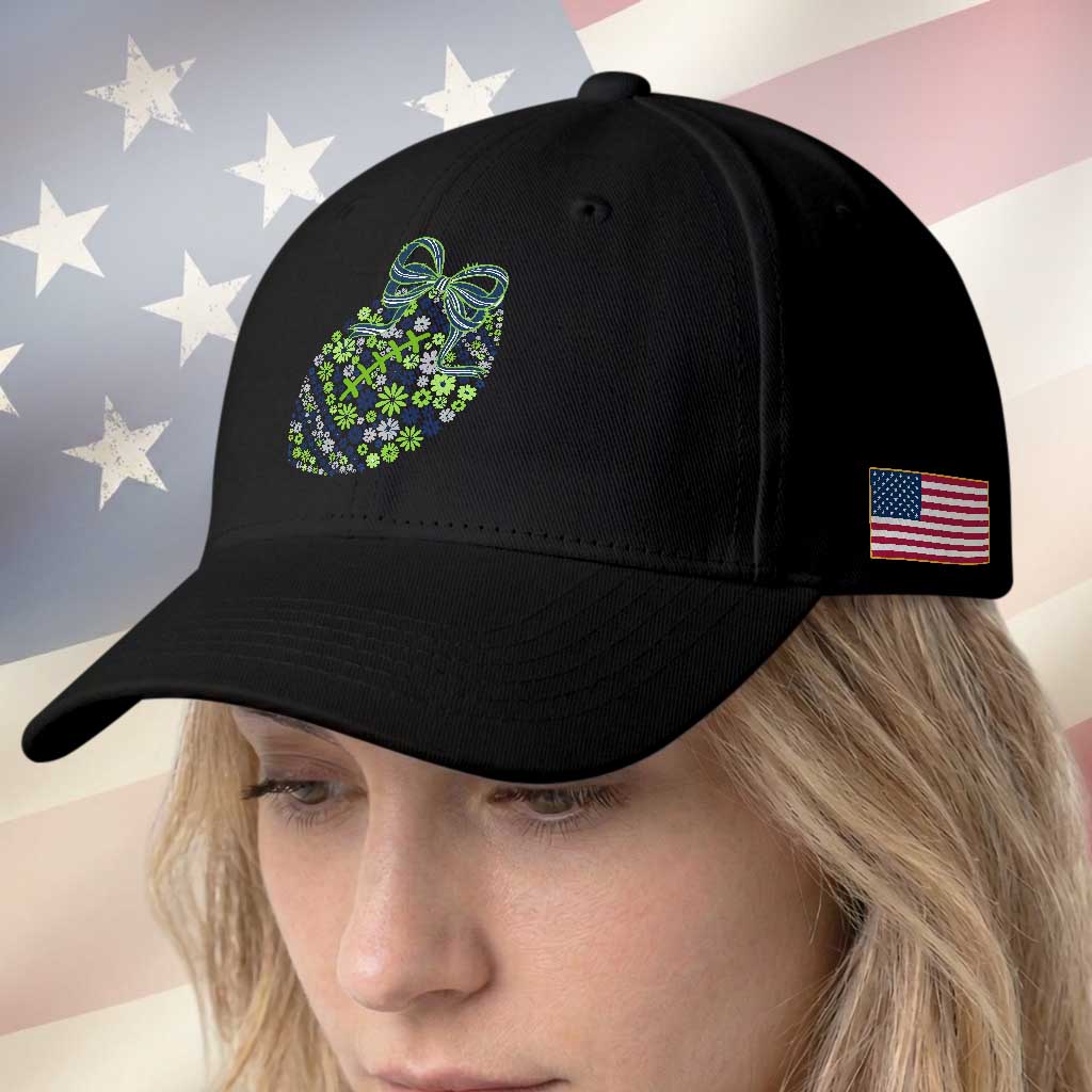Floral Football With Bow Green And Blue Baseball Cap Game Day Sports Fan