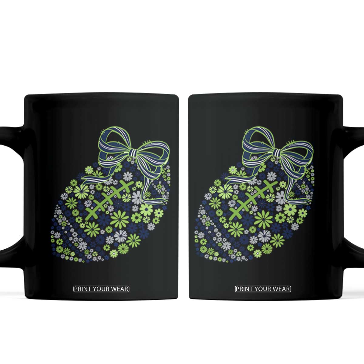 Floral Football With Bow Green And Blue Coffee Mug Game Day Sports Fan TS12 Black Print Your Wear