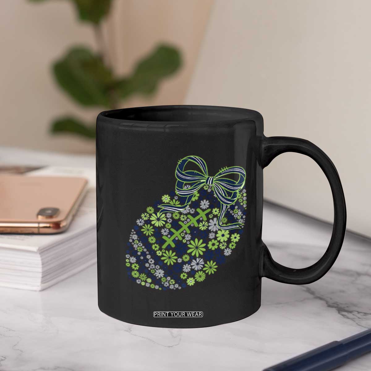 Floral Football With Bow Green And Blue Coffee Mug Game Day Sports Fan TS12 Print Your Wear