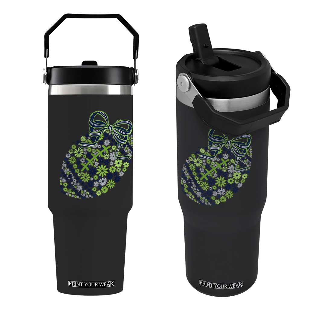 Floral Football With Bow Green And Blue Flip Straw Tumbler Game Day Sports Fan TS12 One Size: 30 oz Black Print Your Wear