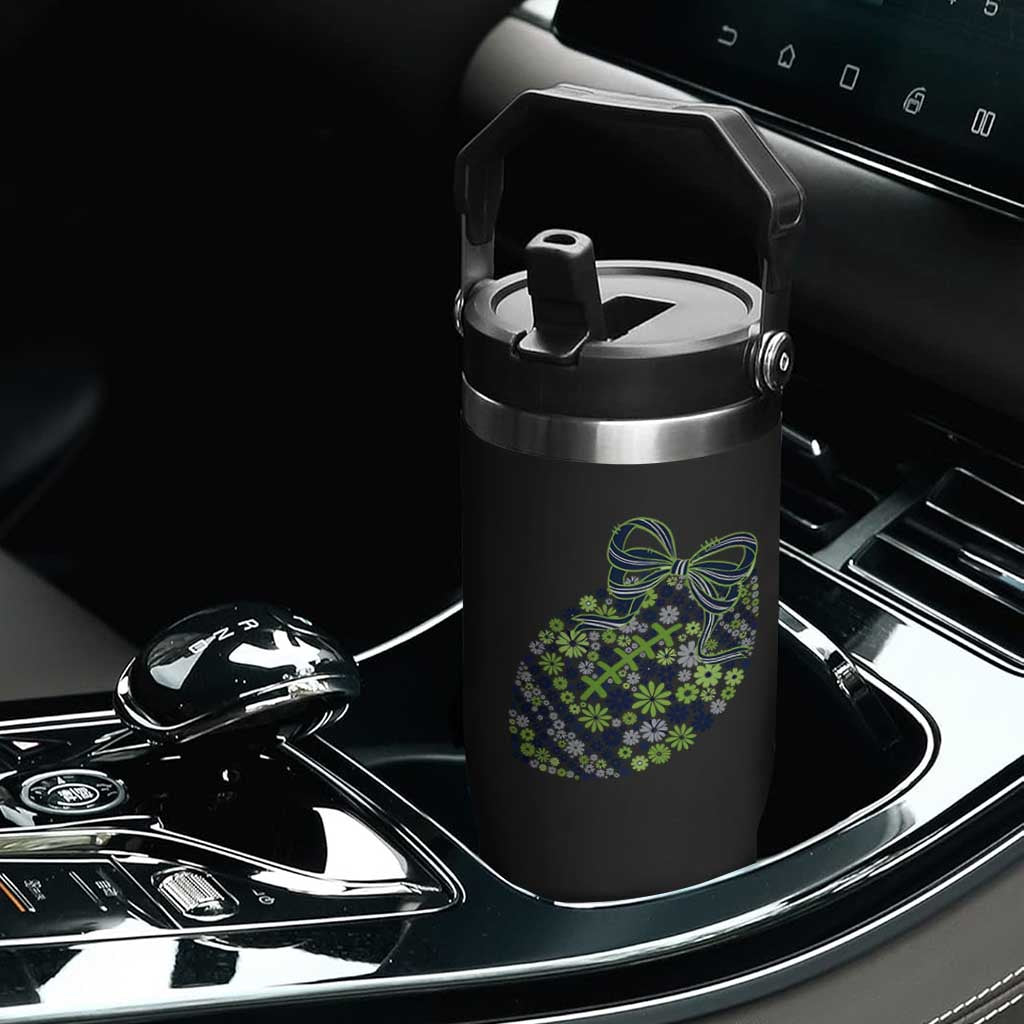 Floral Football With Bow Green And Blue Flip Straw Tumbler Game Day Sports Fan TS12 Print Your Wear