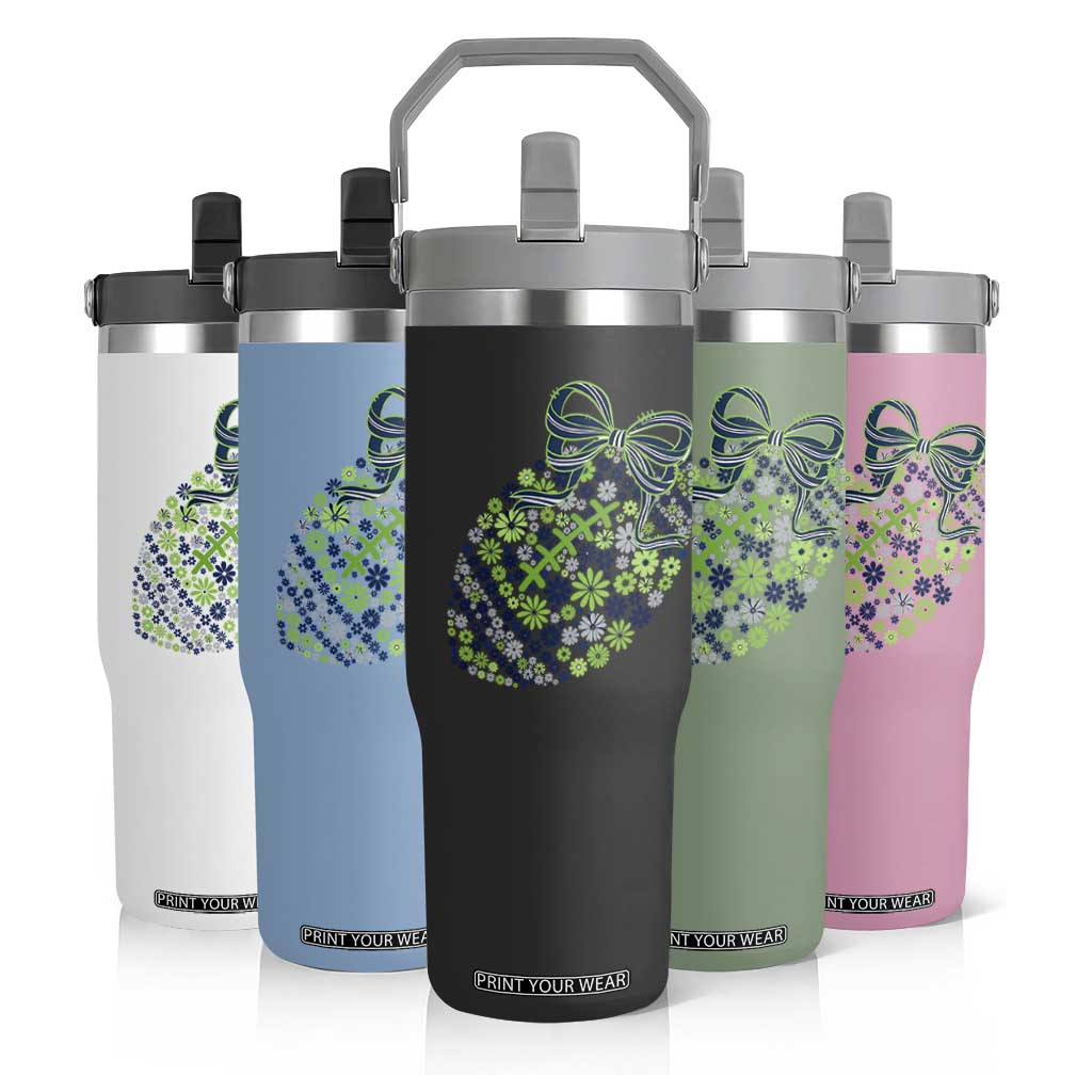Floral Football With Bow Green And Blue Flip Straw Tumbler Game Day Sports Fan TS12 Print Your Wear