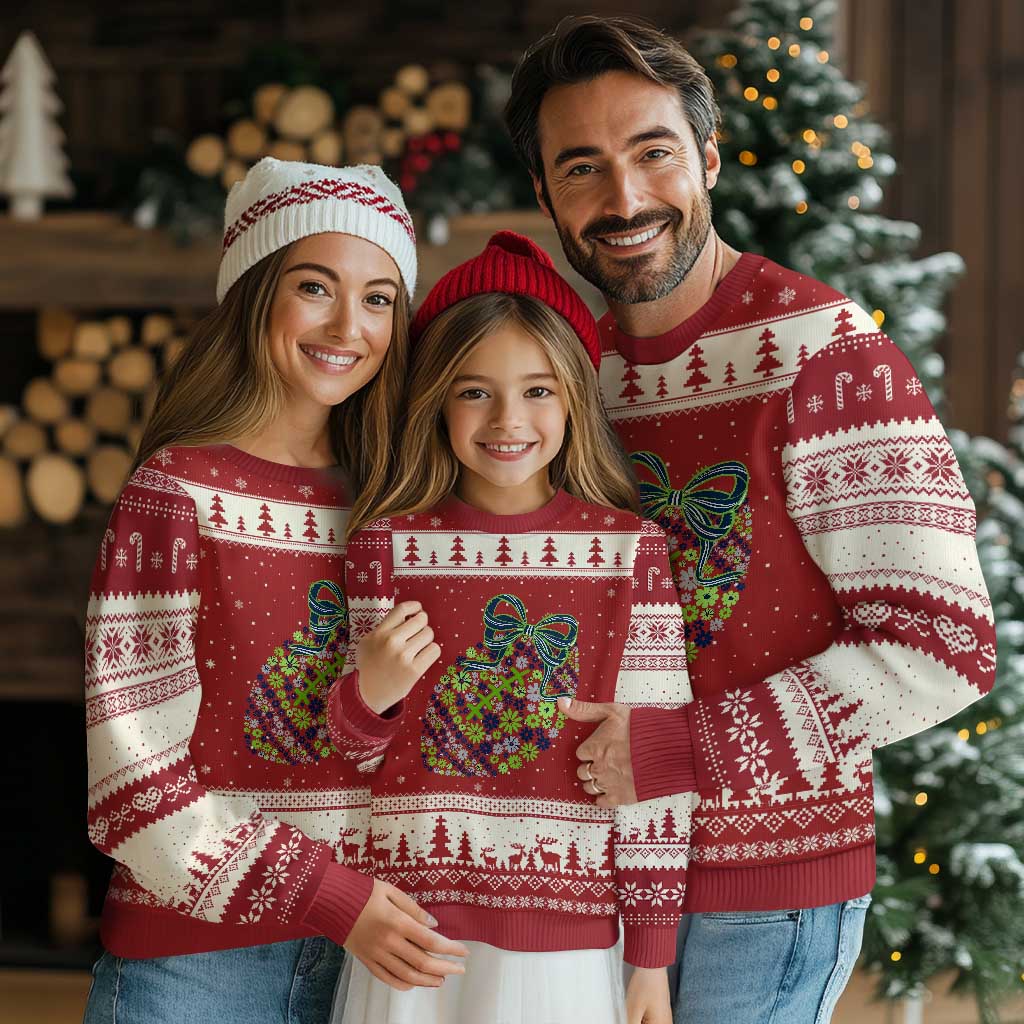 Floral Football With Bow Green And Blue Ugly Christmas Sweater Game Day Sports Fan TS12 Red Beige Print Your Wear
