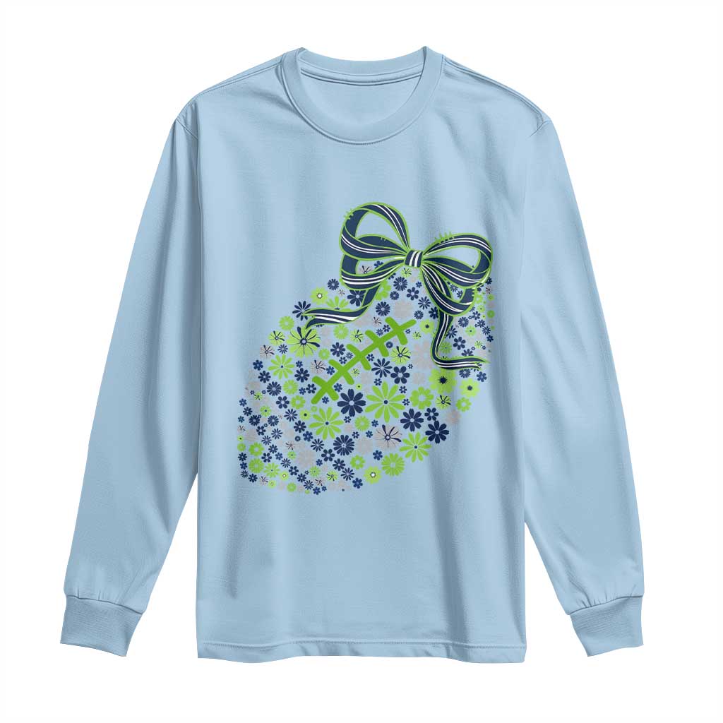 Floral Football With Bow Green And Blue Long Sleeve Shirt Game Day Sports Fan TS12 Light Blue Print Your Wear