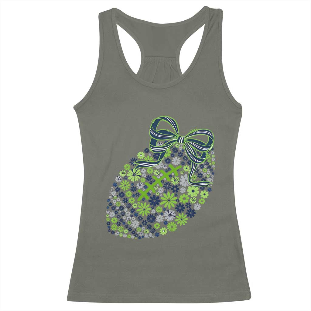 Floral Football With Bow Green And Blue Racerback Tank Top Game Day Sports Fan TS12 Military Green Print Your Wear