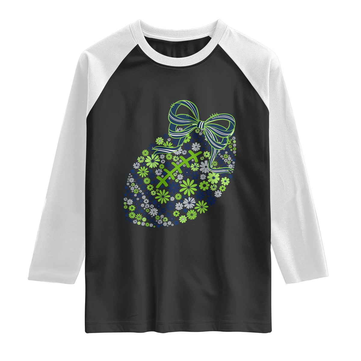 Floral Football With Bow Green And Blue Raglan Shirt Game Day Sports Fan TS12 Black White Print Your Wear