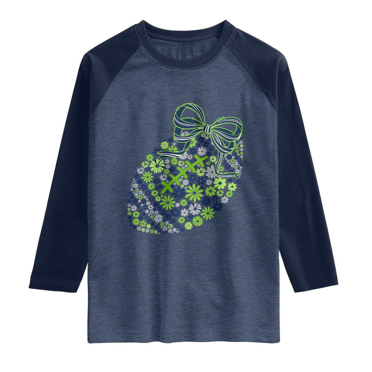 Floral Football With Bow Green And Blue Raglan Shirt Game Day Sports Fan TS12 Heather Denim Navy Print Your Wear
